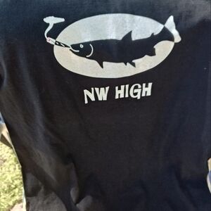 Black "NW High" T-shirt with fish graphic, long sleeve, Size M (unisex)